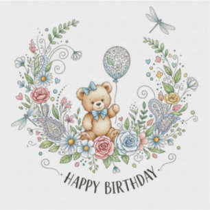 Adesivo urso de aniversário floral boho