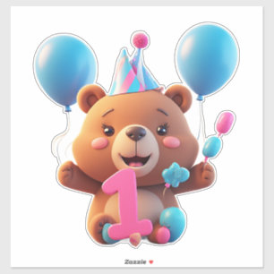 Adesivo Urso de aniversário fofo com chapéu de festa e bal