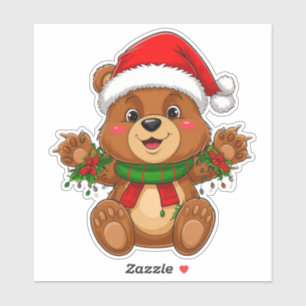 Adesivo Urso de Natal Adorável Com Chapéu de Papai Noel