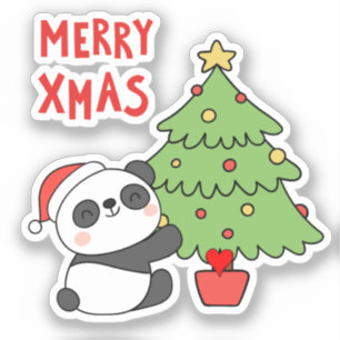 Adesivo Urso Panda Bonito Com Árvore De Natal