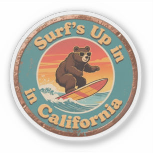 Adesivo Urso surfador do Surf Vintage California