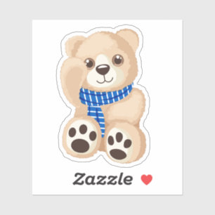 Adesivo Urso Teddy Ondulante Fofo com Cachecol Xadrez Azul