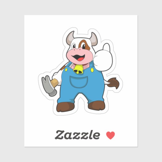 Adesivo Vaca como artesão com martelo (Folha)