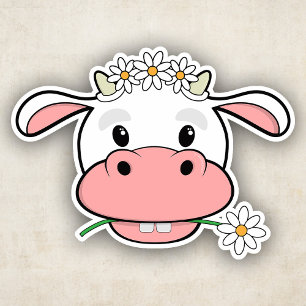 Adesivo Vaca de desenho animado fofa mascando uma margarid