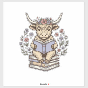 Adesivo Vaca Floral de Leitura Fofa Pilha de Livros Design