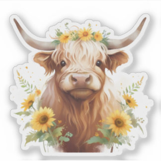 Adesivo Vaca Highland com Flor Amarelo de Girassol