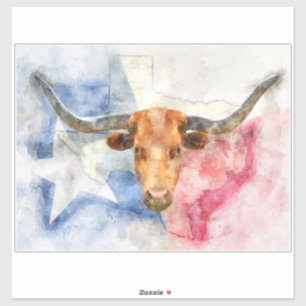 Adesivo Vaca Longhorn com mapa do Texas e Flag Watercolor