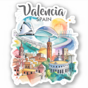 Adesivo Valência Espanha Paisagem Urbana Aquarela Viagem P