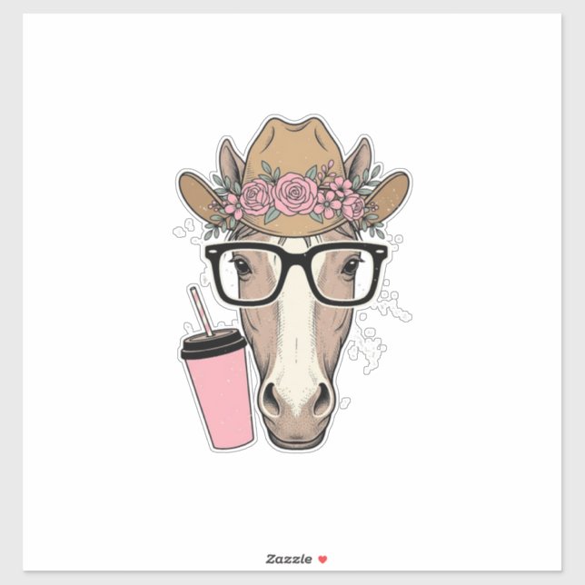Adesivo Vaqueira Antiga Cavalo Com Flores e Bebida Rosa (Folha)