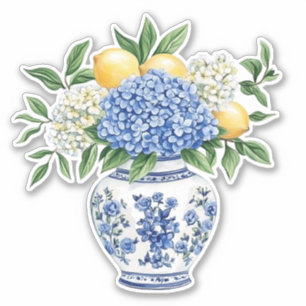 Adesivo Vaso de Chinoiserie Azul e Branco com Hortênsias