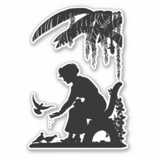 Adesivo Velha Mulher alimentando Pássaros Arte Silhouette
