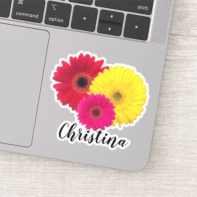Adesivo Vermelho Amarelo rosa Gerbera Daisy com nome | (Detalhe)
