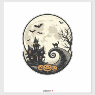 Adesivo Vetor de Casa Assombrada do Gato do Halloween Vint
