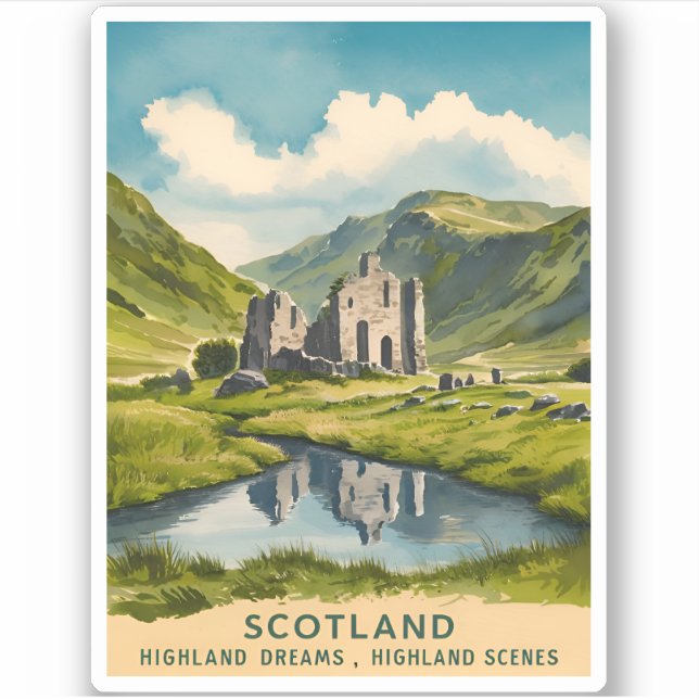 Adesivo Viagens vintage Scotland Highlands Retro Landscape (Frente)