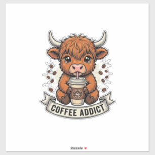 Adesivo Viciado em Café Vaca das Terras Altas Fofo Gravura