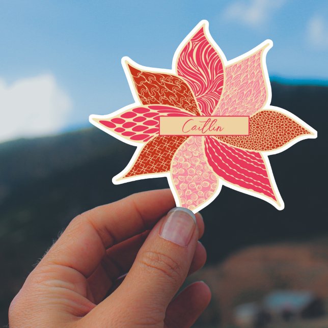 Adesivo Vinheta de nome da flor feliz personalizada (Personalized Happy Flower Custom Cut Sticker in Pink and Red)