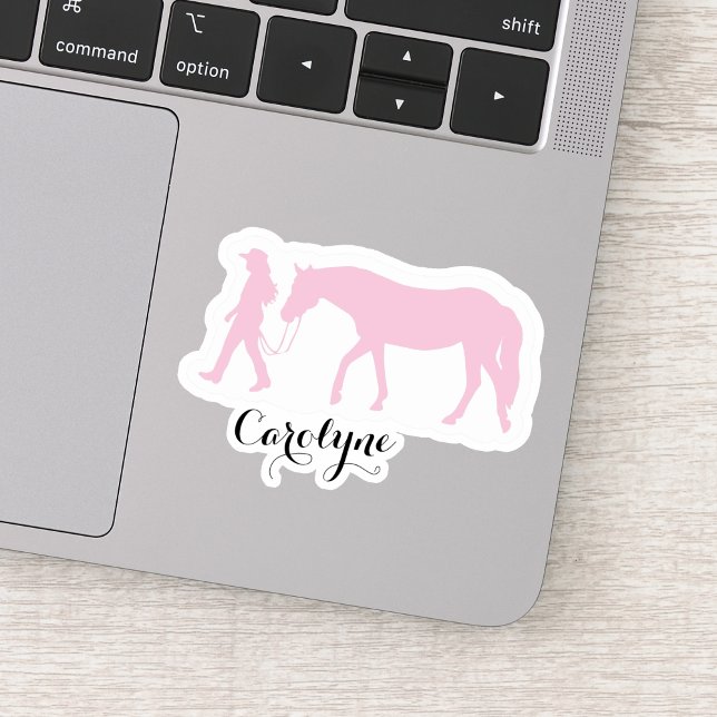 Adesivo Vinheta de nome personalizado rosa-menina e cavalo (Horse and Girl Sticker with Name Pink)
