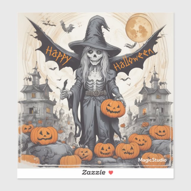 Adesivo Vinheta de vinilo do Halloween com esqueleto alado (Folha)
