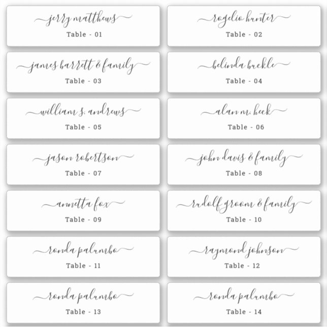 Adesivo Vinheta Número da Tabela Nomes de Convidado do Car (Frente)