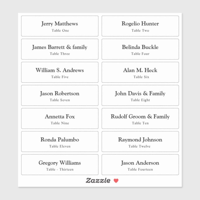 Adesivo Vinheta Número da Tabela Nomes de Convidado do Car (Folha)