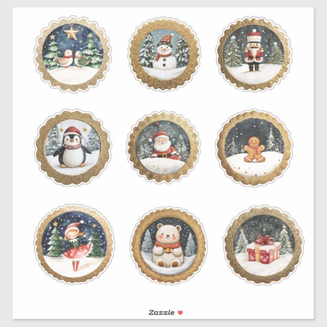 Adesivo Vinhetas de Natal Douradas circulares e selos de e (Folha)