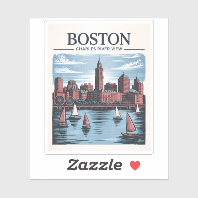 Adesivo Vintage Boston Massachusetts Cityscape & SailBotes (Folha)