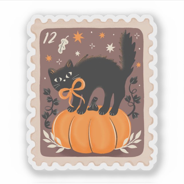 Adesivo Vintage Halloween Black Cat no Carimbo (Frente)