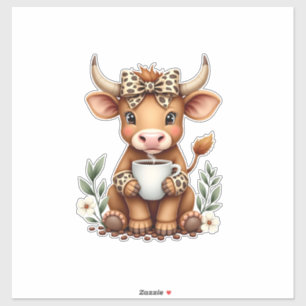 Adesivo Vintage Highland Cow Amante de Café Aquarela Fofo