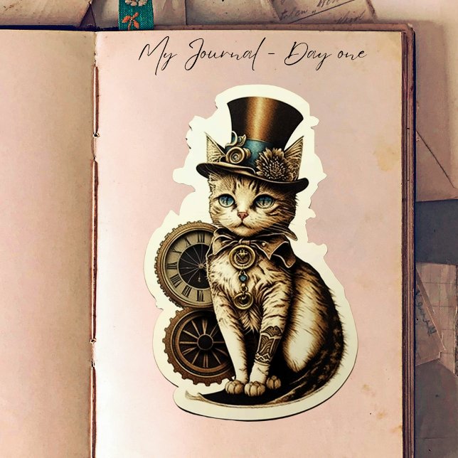 Adesivo Vintage Inspirou Gato Steampunk Vestindo Chapéu Su (Criador carregado)