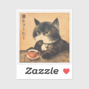 Adesivo Vintage Japan art gatinho com uma xícara de café