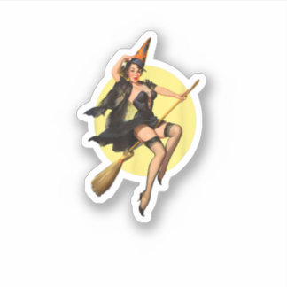 Adesivo Vintage Pinup Witches Broom Halloween Pin