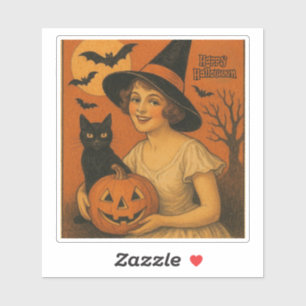 Adesivo Vintage/retro Feliz bruxa das Bruxas, gato, abóbor