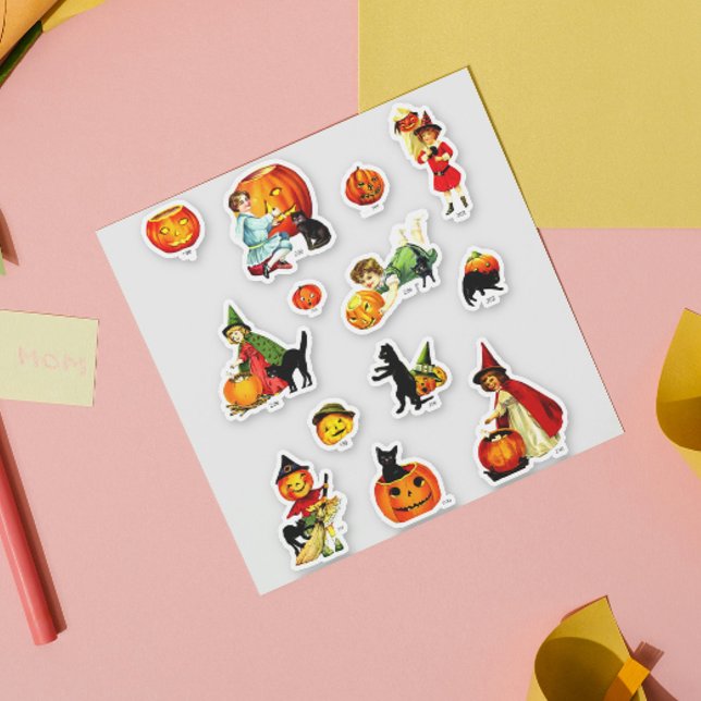 Adesivo Vintage Set of Witch Cat Pumkin Halloween (Criador carregado)