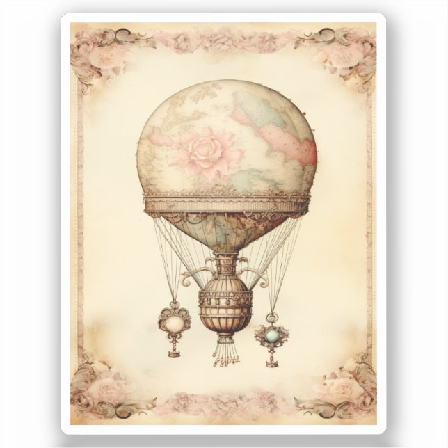 Adesivo Vintage Steampunk Floral Hot Air Balloon (Frente)