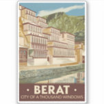 Adesivo Vintage Viagem de arte na Albânia Berat<br><div class="desc">Design de viagem de vetor retrô de berat. Berat é uma cidade no rio Osum,  no centro da Albânia. É conhecida pelas suas casas brancas otomanas.</div>