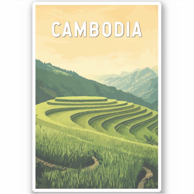 Adesivo Vintage Viagem de ilustração do Camboja (Frente)