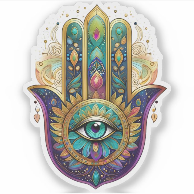 Adesivo Violet Green Gold Petals Hamsa Turquoise Third Eye (Frente)