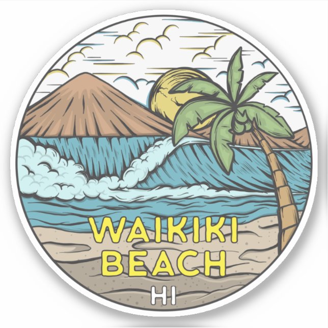 Adesivo Waikiki Beach Hawaii Vintage (Frente)