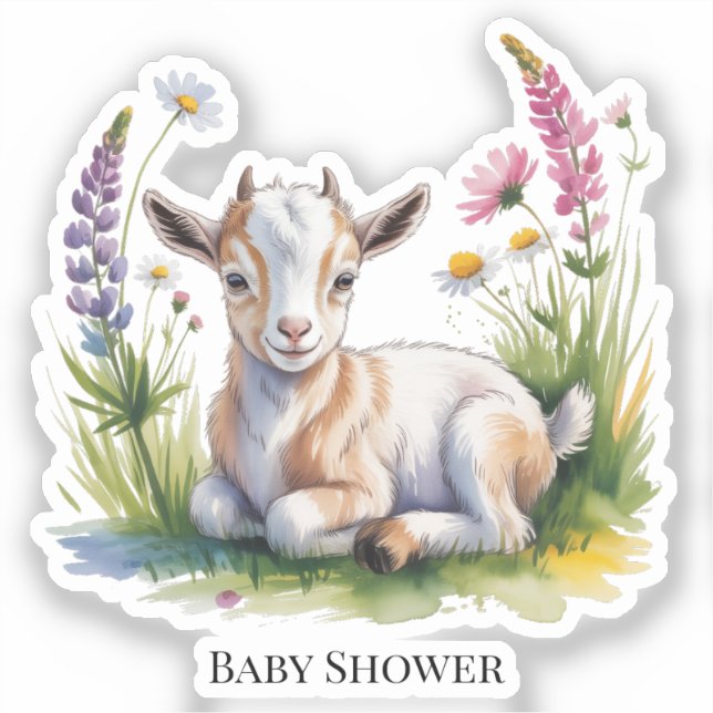 Adesivo Watercolor Baby Goat with Wildflowers Baby Shower (Frente)