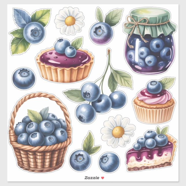 Adesivo Watercolor Blueberry Treats Sticker Pack Isolated  (Folha)