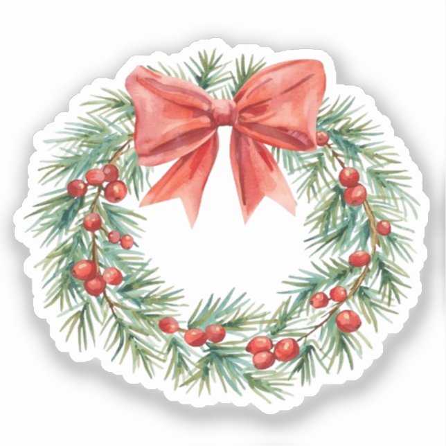 Adesivo Watercolor Christmas Wreath with Red Bow & Berries (Frente)
