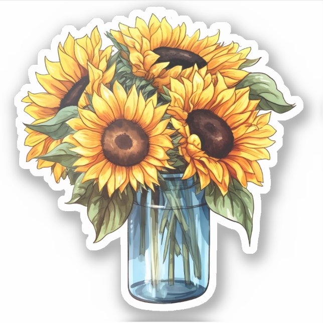 Adesivo Watercolor Floral Sunflower Mason Jar Buquê (Frente)
