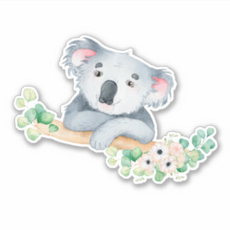 Adesivo Watercolor koala no ramo com goma e folhas vinílic