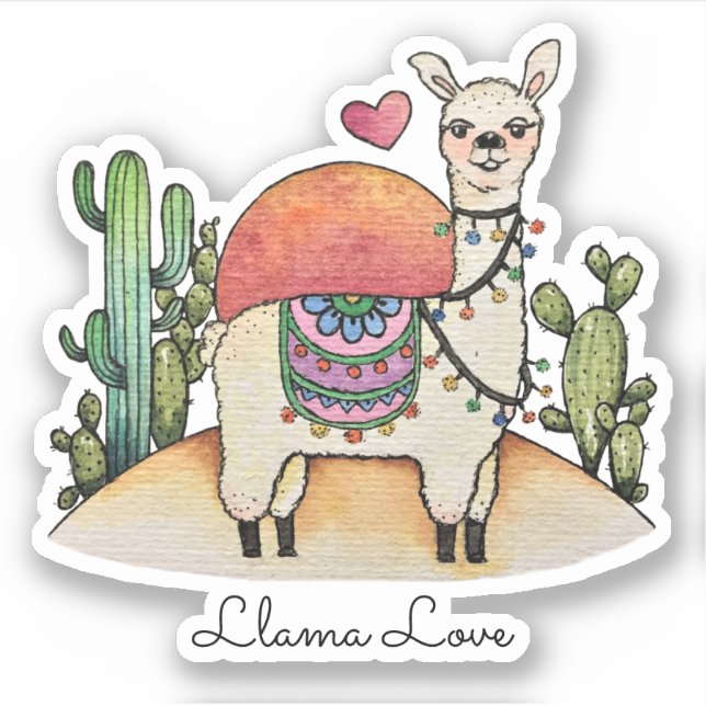 Adesivo Watercolor Llama Com Cactus (Frente)