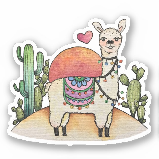 Adesivo Watercolor Llama Com Cactus (Frente)