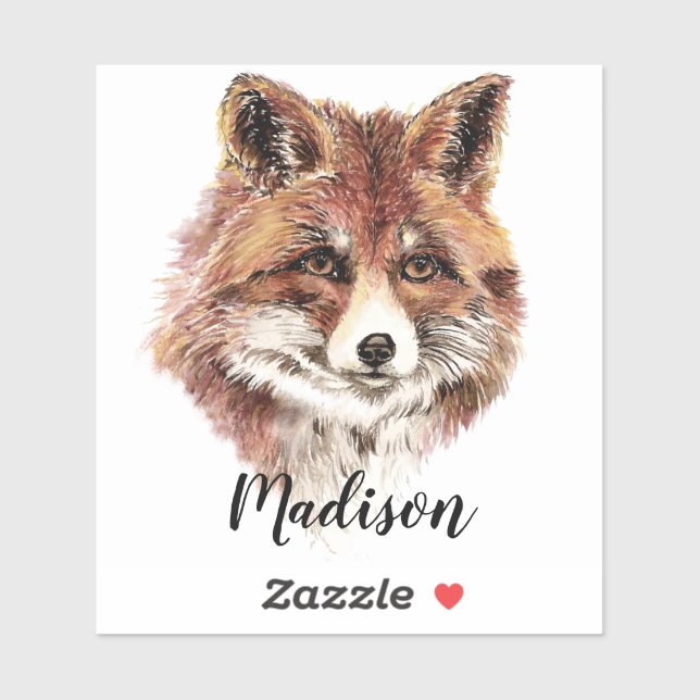 Adesivo Watercolor Red Fox Animal Nature Nome Personalizad (Folha)