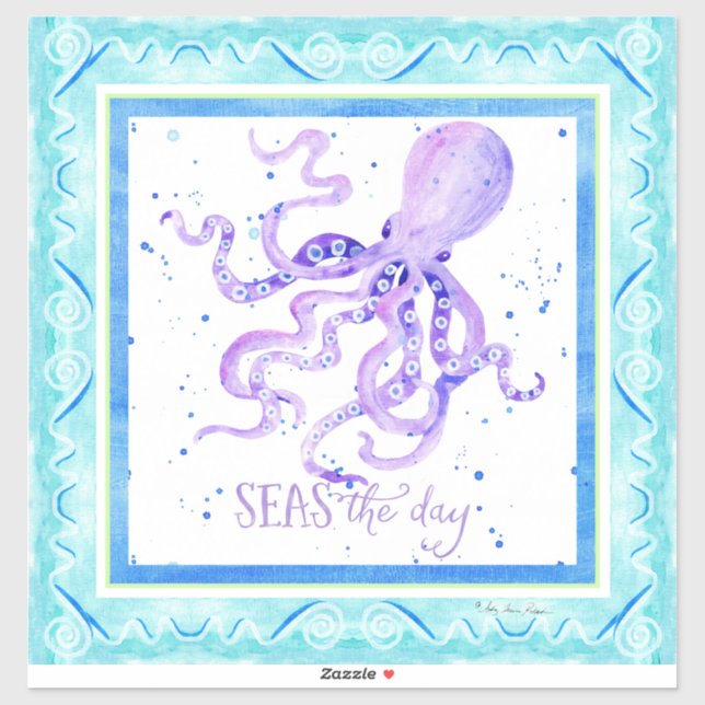 Adesivo Watercolor Seas no Dia da Praia Azul Octopus (Folha)
