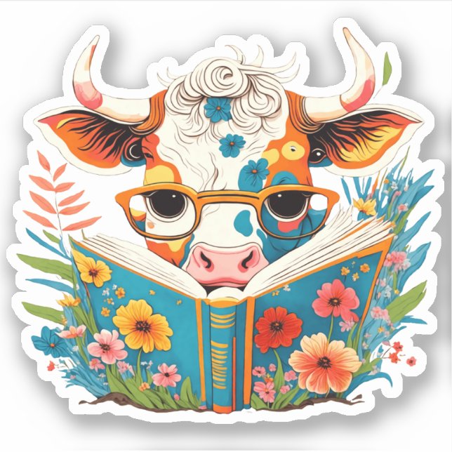 Adesivo Whimsical "Floral Cow Reading Book" Vinil (Frente)