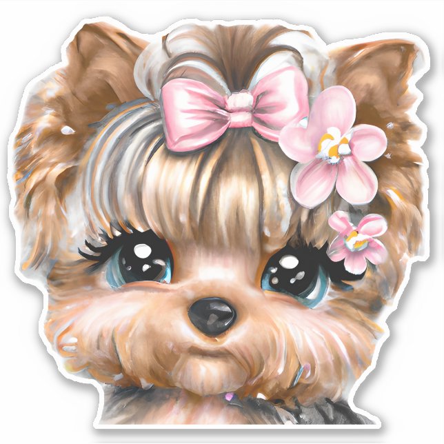 Adesivo Yorkie bonito com um Arco rosa (Frente)