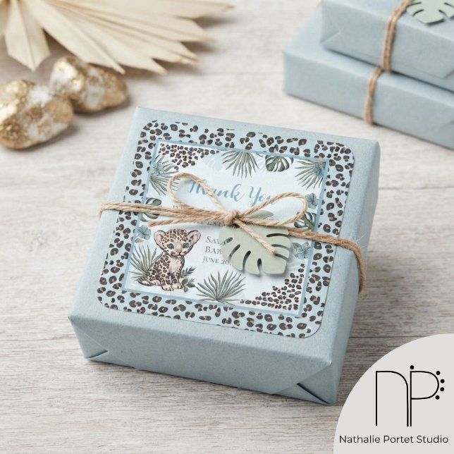 Adesivos Agradecimento Azul com Estampa de Leopard (hand-drawn baby leopard boy cub, jungle leaves, and blue florals for safari favor labels)